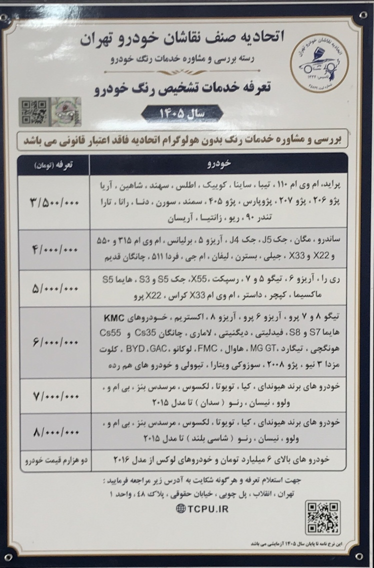 تعرفه کارشناسی خودرو سال 1405
